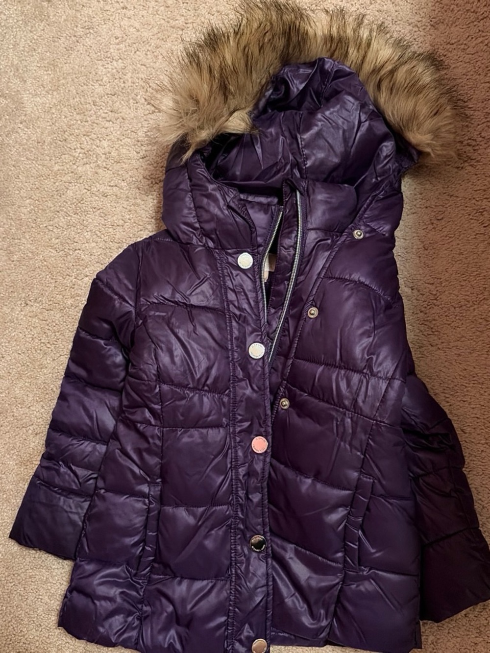 MICHAEL Michael Kors Girls' Deep Purple Puffer Coat with Faux Fur Trim Hood